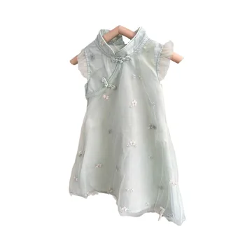 Детская одежда 2023, Летнее Новое Платье Для девочек В Китайском стиле, Однотонная Вышивка, Улучшенная Юбка-Чонсам