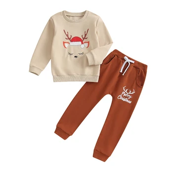 Рождественский комплект одежды для маленьких мальчиков 3-6 лет, одежда для малышей, топы с принтом Оленя, топы с круглым вырезом и длинными рукавами, Брюки, Длинные брюки