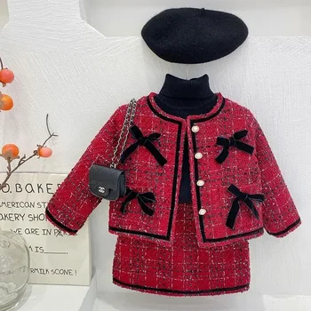 Модный костюм с красной подкладкой для девочек, осенне-зимнее праздничное пальто для маленьких девочек, хлопковые комплекты из двух предметов, детская одежда для девочек