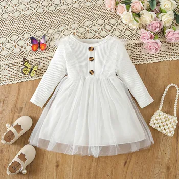 Однотонное платье в рубчик с длинными рукавами на пуговицах спереди для маленьких девочек, осеннее платье в стиле пэчворк из тюлевой сетки для прогулок, повседневная одежда, базовый стиль