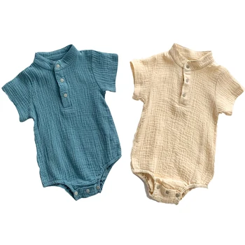 Летние повседневные комбинезоны для новорожденных девочек, муслиновые комбинезоны с коротким рукавом, Модная детская одежда Синий /бежевый 3 М-18 м
