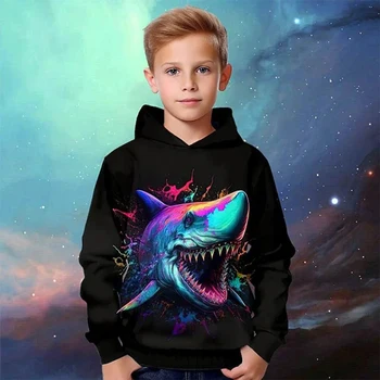 Пуловер с капюшоном для мальчиков с животными и акулами, пуловер с длинным рукавом и мультяшным 3D принтом, осенне-зимняя модная уличная одежда, классные детские толстовки