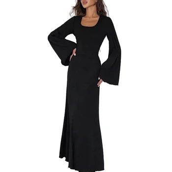 Женское однотонное платье Макси с расклешенными рукавами в рубчик, бретельки на шнуровке сзади, женское элегантное весенне-осеннее праздничное платье, платье
