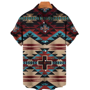 Винтажные мужские рубашки, рубашка с 3D-печатью в этническом стиле, Повседневная блузка с коротким рукавом, Негабаритная мужская одежда, топы, уличная одежда