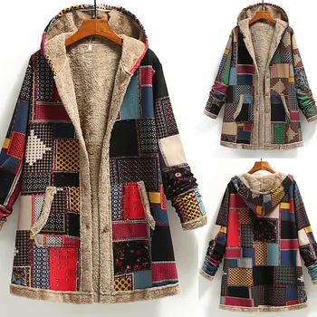 Зимнее винтажное женское пальто 2023, теплая длинная куртка с капюшоном из плотного флиса с принтом и карманом, женская верхняя одежда, свободное пальто для женщин