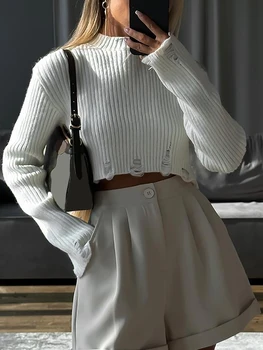 Женский рваный макет шеи с длинным рукавом, Потертый вязаный пуловер, укороченный топ, Свитера, Однотонный вязаный свитер в полоску