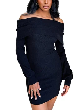 wsevypo, винтажное черное облегающее мини-платье с открытыми плечами, осень-зима, Офисные женские платья-карандаш с длинными рукавами и вырезом лодочкой
