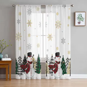 Рождественский снеговик, снежинка, тюлевые занавески для гостиной, украшения спальни, Шифоновые шторы из прозрачной вуали на кухонных окнах