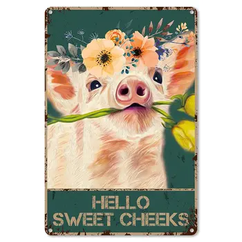Металлическая Жестяная вывеска с цитатой из ванной Комнаты Декор стен - Винтажная Жестяная вывеска Hello Sweet Cheeks Pig Foral для туалета Ванная Комната Декор туалета