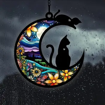 Подвесной орнамент, Красочный дизайн Кошки / Собаки на Луне, Подвесное отверстие, Яркое Цветное окно, Подвесной Мемориальный кулон, Украшение дома