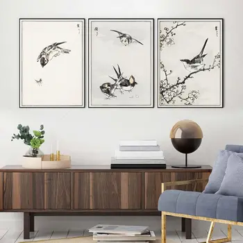 Винтажные плакаты с летающими птицами и цветами в японском стиле, картина на холсте, настенные принты природы, картина для домашнего декора гостиной