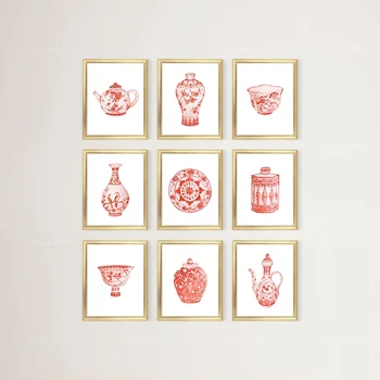 9 штук акварельного набора для рисования в китайском стиле, красно-белые принты в китайском стиле, принты в виде красных фарфоровых ваз, Азиатские