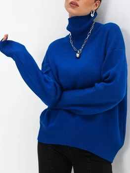 Новая женская свободная водолазка, однотонный пуловер с длинными рукавами, осенне-зимний теплый вязаный свитер, простая уличная одежда