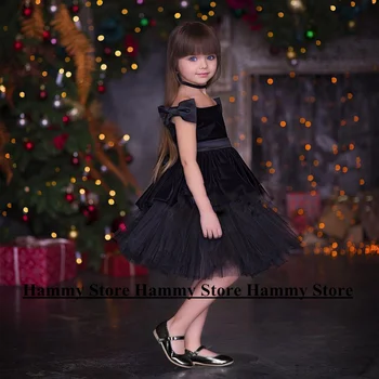 Черное вечернее платье для девочек с открытыми плечами и пышным бантом, нарядное платье для маленькой малышки, Рождественский цветок индивидуального размера  