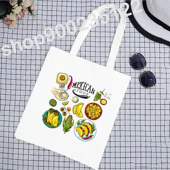 Женские сумки для покупок мексиканской кухни, милые вкусные тако, эстетичные графические холщовые сумки для покупок, сумки-тотализаторы большой емкости