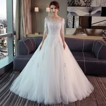 2023 Кружевные свадебные платья с круглым вырезом и рукавом три четверти, элегантные Корейские платья для невесты, новая мода, простой стиль