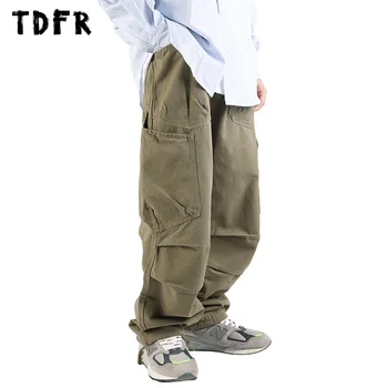 Брюки-карго с несколькими карманами, мужские однотонные брюки в стиле Сафари для кемпинга, повседневные широкие брюки с эластичной резинкой на талии, мужские брюки для бега трусцой