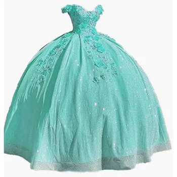 Пышные платья цвета шалфея, бальное платье, расшитое бисером, 3D Цветы, Vestidos, вечеринка на 15-й день рождения, Платье принцессы Sweet 16, готово к отправке