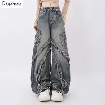 Женские джинсы Dophee, новые осенние винтажные прямые брюки с кисточками для стирки, уличная одежда Spice Girls, свободные джинсовые брюки