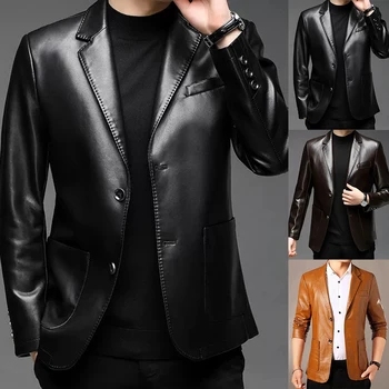 Мужской кожаный пиджак с воротником из искусственной кожи, повседневное пальто среднего возраста, Плотное теплое, с бархатными пуговицами, Повседневные куртки с воротником, топы