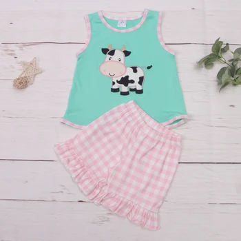 Летняя майка в стиле молочного скота, одежда для маленьких девочек, Розовая детская одежда с оборками, Хлопковый детский комплект для 1-8 лет