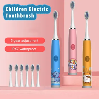 Детская электрическая зубная щетка USB Sonic Перезаряжаемая, Красочная мультяшная щетка для детей, автоматическая, водонепроницаемая, IPX7, со сменными головками