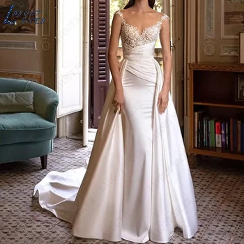 Красивое Свадебное платье с круглым вырезом и кружевной складкой, женское свадебное платье с рукавом-русалочкой, жемчуг, Vestidos De Novia, Съемный шлейф.
