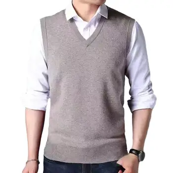 Мужской вязаный свитер-жилет для мужчин среднего возраста, однотонный пуловер без рукавов с V-образным вырезом, приталенный топ на бретелях с ребристыми манжетами
