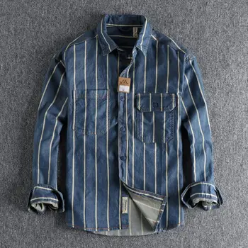 Осенняя новая изготовленная на заказ полосатая выстиранная джинсовая рубашка из б/у ткани, мужская рабочая рубашка в стиле американского ретро, молодежная рубашка