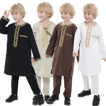 Дети Камис Мальчик Джубба Тобе Комплект из 2 предметов Исламская Одежда 2023 Саудовская Аравия Детский Халат Мусульманская Одежда Мужская Вечеринка Абая Кафтан